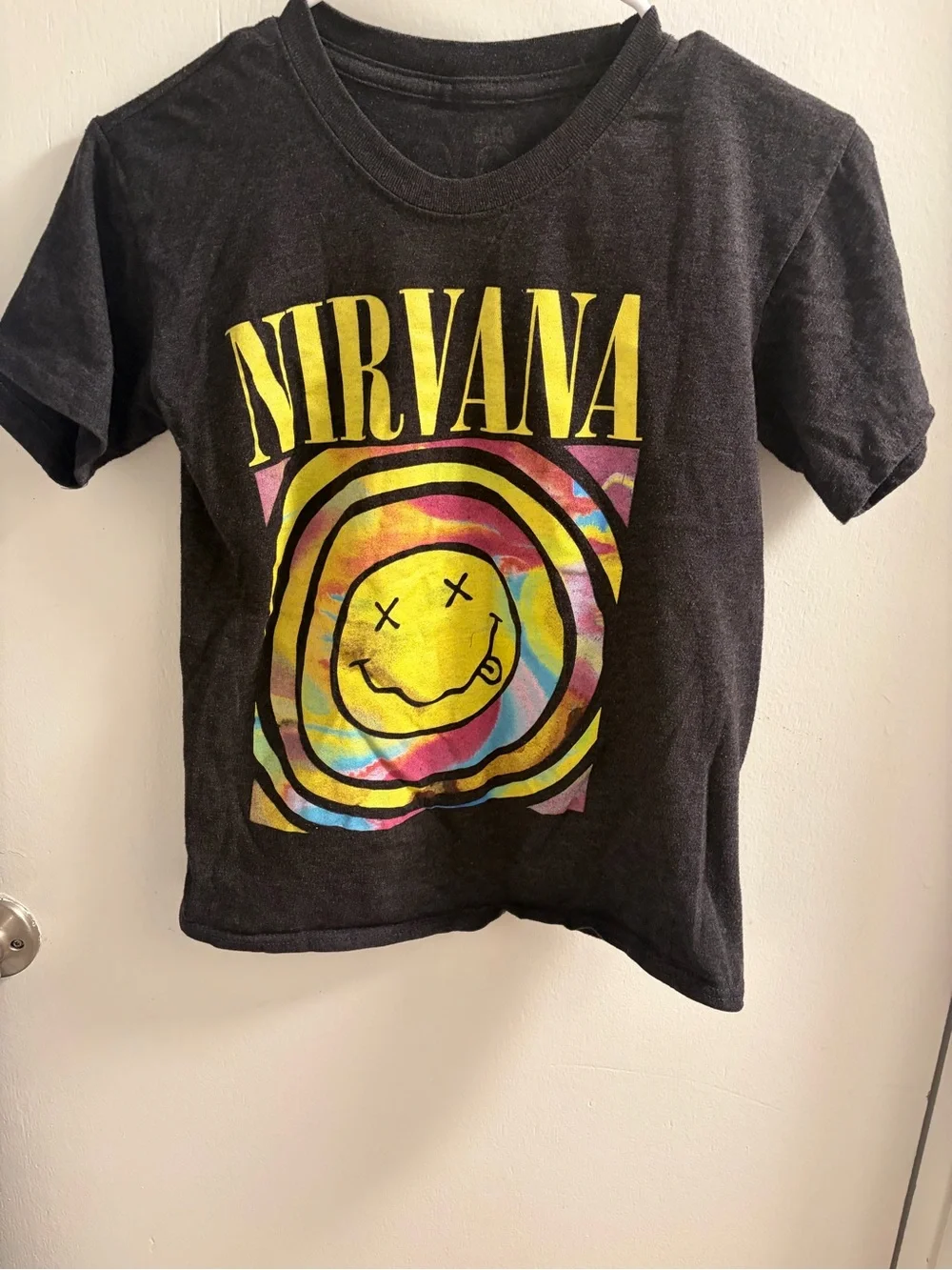 NIRVANA Gray Tee with Yellow Logo and Multicolor Tie-Dye Smiley